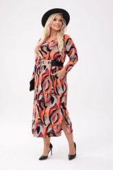 Elegancka sukienka Mira - Ognista Abstrakcja o długości MIDI PLUS SIZE XXL OVERSIZE. Czerwone sukienki damskie Moda Size Plus Iwanek, na co dzień, l, w abstrakcyjne wzory, z dzianiny, eleganckie, bez kołnierzyka, plus size, bez ramiączek, maxi, oversize. W wyprzedaży za 199.90 zł.