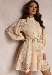 Jasnobeżowa Sukienka Melliopis. Brązowe sukienki damskie Renee, m, bez wzorów, z koronki, eleganckie, bez kołnierzyka, bez ramiączek, maxi. W wyprzedaży za 160.99 zł.