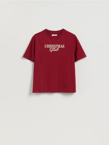 T-shirt ze świątecznym motywem - bordowy. Czerwone t-shirty damskie Reserved, l, bez wzorów, z bawełny, bez kołnierzyka. Za 39.99 zł.