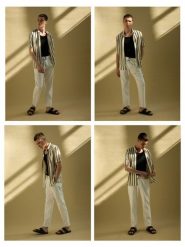 Spodnie slim fit z paskiem - złamana biel. Spodnie materiałowe męskie Reserved, bez wzorów, z bawełny. W wyprzedaży za 99.99 zł.