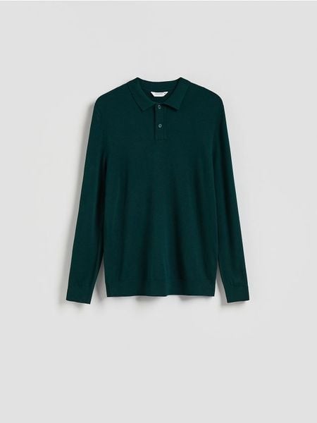 Wiskozowy sweter polo - ciemnozielony. Zielone swetry męskie Reserved, l, bez wzorów, z dzianiny, bez kołnierzyka. Za 99.99 zł.
