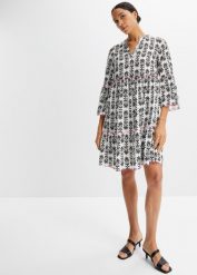 Sukienka tunikowa z lejącej wiskozy. Białe sukienki damskie bonprix, bez wzorów, z wiskozy, bez kołnierzyka, bez ramiączek. Za 127.99 zł.