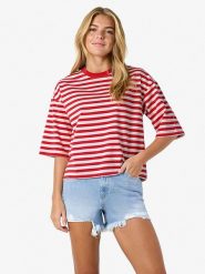 Noisy may Koszulka "Ember" w kolorze czerwono-białym rozmiar: S. Czerwone bluzki damskie Noisy may, s, bez wzorów, z bawełny, bez kołnierzyka, bez ramiączek. Za 69.99 zł.