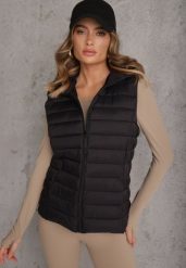 Czarna Przejściowa Kamizelka z Pikowaniem i Kapturem Neatwenna. Czarne kamizelki damskie Renee, l, z jeansu. Za 79.99 zł.