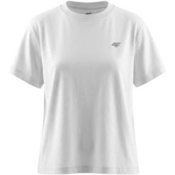 Koszulka damska 4F - krótki rękaw, dopasowany krój, miękki jersey. Białe topy sportowe damskie 4f, s, bez wzorów, z bawełny, bez ramiączek. Za 46.99 zł.