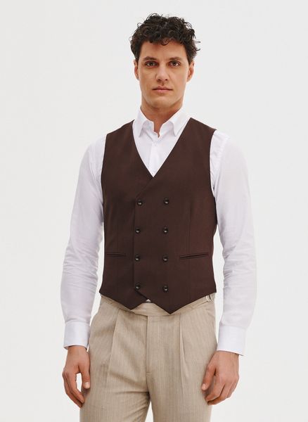 PAKO LORENTE - Brązowa dwurzędowa kamizelka męska. Brązowe kamizelki męskie Pako Lorente, m, z elastanu. Za 499.99 zł.