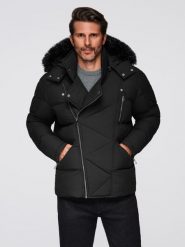 Kurtka pikowana męska o kroju ramoneski z kapturem - czarna V1 - Rozmiar: M. Czarne kurtki męskie Ombre Clothing, na zimę, l, bez wzorów, z materiału, eleganckie, z kapturem. Za 589.99 zł.