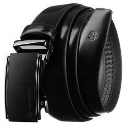 Skórzany, czarny pasek męski z automatyczną klamrą - Peterson. Czarne paski męskie Peterson, bez wzorów, eleganckie. Za 129.00 zł.