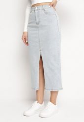 Jasnoniebieska Bawełniana Spódnica Jeansowa Midi Seraphna. Niebieskie spódniczki damskie Born2be, l, z aplikacjami, z bawełny, maxi. Za 159.99 zł.