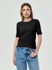 Prążkowana koszulka z krótkim rękawem - czarny. Czarne t-shirty damskie Sinsay, l, bez wzorów, prążkowane, bez kołnierzyka. Za 19.99 zł.