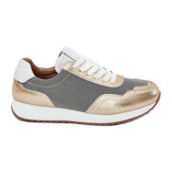 S.Barski Skórzane Buty Sportowe Sneakersy Damskie LR51-847 Złote złoty. Żółte buty sportowe na co dzień damskie bez wzorów, ze skóry. Za 312.45 zł.