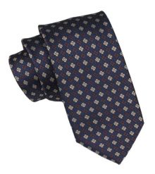 Krawat Męski - Alties - Groszki w Brązie i Beżu na Granatowym Tle. Krawaty i muchy męskie Alties, bez wzorów, z tkaniny, eleganckie. Za 49.00 zł.