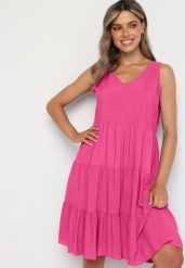 Fuksjowa Rozkloszowana Sukienka z Bawełny na Ramiączkach Zasea. Czerwone sukienki damskie Born2be, na co dzień, l, bez wzorów, z bawełny, eleganckie, bez kołnierzyka, bez ramiączek, midi, rozkloszowane. W wyprzedaży za 39.99 zł.