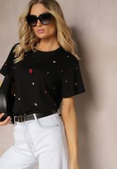 Czarny T-shirt z Cyrkoniami w Różnych Kolorach Varcia. Czarne t-shirty damskie Renee, m, bez wzorów, z jeansu, bez kołnierzyka. Za 39.99 zł.