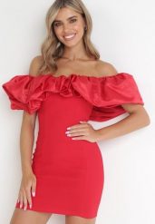 Czerwona Sukienka Dopasowana z Falbanami Acore. Czerwone sukienki damskie Born2be, na imprezę, m, bez wzorów, eleganckie, bez kołnierzyka, bez ramiączek, mini, dopasowane. W wyprzedaży za 135.99 zł.