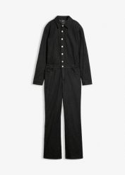 Kombinezon jeansowy. Czarne kombinezony damskie bonprix, bez wzorów, z jeansu, bez kołnierzyka, bez ramiączek. Za 249.99 zł.