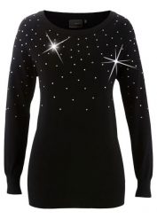Długi sweter ze strasami. Czarne swetry klasyczne damskie bonprix, z materiału, bez kołnierzyka. Za 124.99 zł.