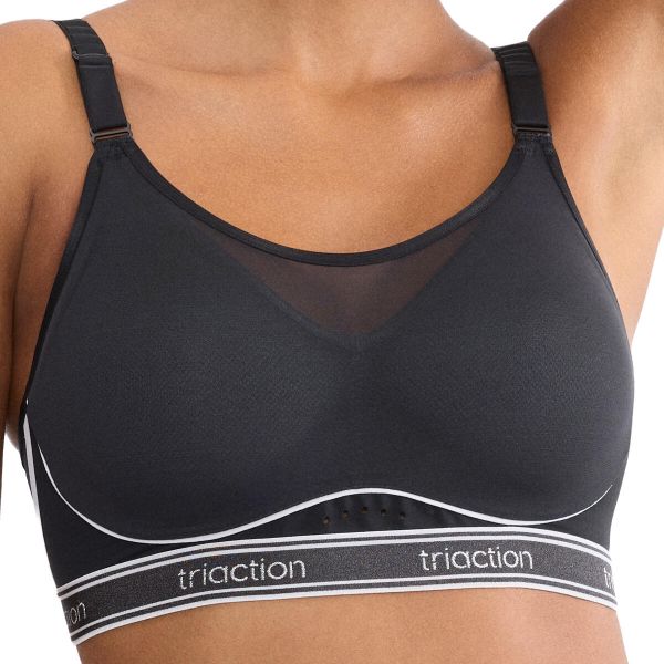 Stanik do biegania Cardio Breeze z wysoki poziomem podtrzymywania. Czarne biustonosze sportowe damskie TRIACTION, bez wzorów, z materiału. Za 311.00 zł.