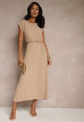 Beżowa Sukienka Ozdobiona Plisami Mavellea. Brązowe sukienki damskie Renee, na co dzień, bez wzorów, eleganckie, bez kołnierzyka, bez ramiączek, maxi, proste. W wyprzedaży za 62.99 zł.