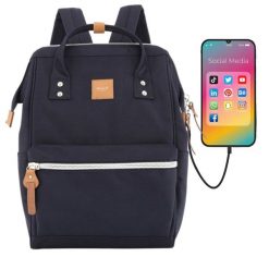Granatowy plecak damski z USB i kieszenią na laptopa - Himawari. Niebieskie plecaki damskie Peterson, bez wzorów, z materiału, biznesowe. Za 71.00 zł.