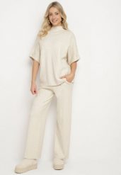 Jasnobeżowy Dzianinowy Komplet Oversize z Wiskozą Szerokie Spodnie i T-shirt Lannethria. Brązowe spodnie materiałowe damskie Born2be, bez wzorów, z dzianiny, eleganckie. Za 159.99 zł.