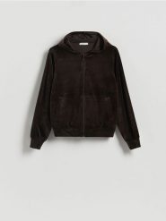 Welurowa bluza z kapturem - ciemnobrązowy. Brązowe bluzy z kapturem damskie Reserved, l, z dzianiny. Za 119.99 zł.