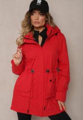 Czerwona Kurtka Pikowana w Stylu Parki ze Ściągaczem w Talii i Odpinanym Kapturem Erivieria. Czerwone kurtki damskie Renee, l, bez wzorów, z jeansu. Za 279.99 zł.