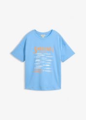 T-shirt z grubej bawełny organicznej. Niebieskie t-shirty damskie bonprix, bez wzorów, z bawełny, bez kołnierzyka. Za 52.99 zł.