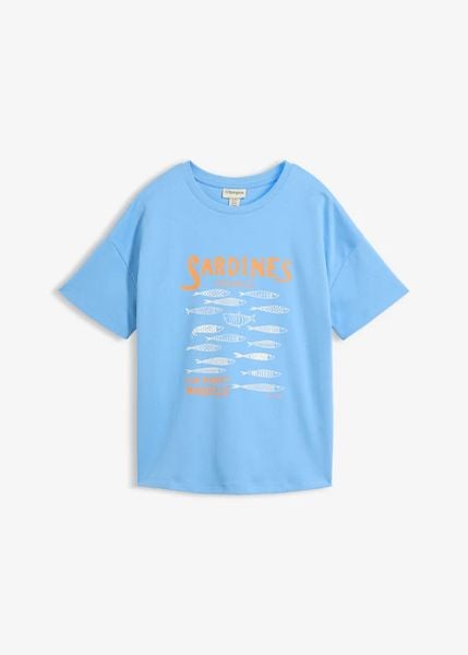 T-shirt z grubej bawełny organicznej. Niebieskie t-shirty damskie bonprix, bez wzorów, z bawełny, bez kołnierzyka. Za 52.99 zł.