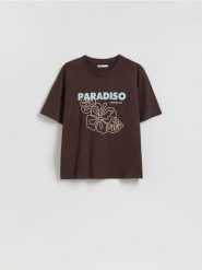 T-shirt z nadrukiem - ciemnobrązowy. Brązowe t-shirty damskie Reserved, l, bez wzorów, z bawełny, bez kołnierzyka. Za 69.99 zł.