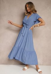Niebieska Kopertowa Sukienka z Wiskozy Ozdobiona Paskiem Savioneira. Niebieskie sukienki damskie Renee, na co dzień, l, bez wzorów, z jeansu, eleganckie, bez kołnierzyka, bez ramiączek, maxi, kopertowe. W wyprzedaży za 59.49 zł.