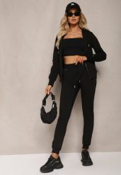 Czarny Komplet Dresowy Zasuwana Bluza z Kapturem i Proste Spodnie Junine. Czarne bluzy z kapturem damskie Renee, bez wzorów, z dresówki, klasyczne. Za 119.99 zł.