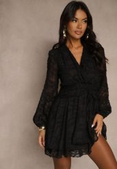 Czarna Rozkloszowana Sukienka z Siateczki z Ozdobnym Tłoczeniem Zenessalia. Czarne sukienki damskie Renee, na spotkanie biznesowe, l, bez wzorów, z jeansu, eleganckie, bez kołnierzyka, bez ramiączek, mini, rozkloszowane. Za 159.99 zł.