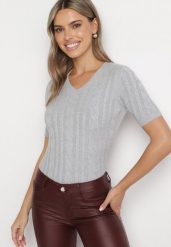 Szara Bluzka z Bawełną i Wiskozą Ozdobiona Splotem Merithana. Szare bluzki damskie Born2be, l, bez wzorów, z bawełny, eleganckie, bez kołnierzyka, bez ramiączek. Za 59.99 zł.
