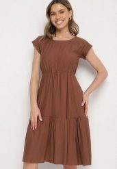 Brązowa Wiskozowa Sukienka o Rozkloszowanym Kroju Lizena. Brązowe sukienki damskie Born2be, na co dzień, bez wzorów, z wiskozy, eleganckie, bez kołnierzyka, bez ramiączek, midi, rozkloszowane. W wyprzedaży za 67.99 zł.