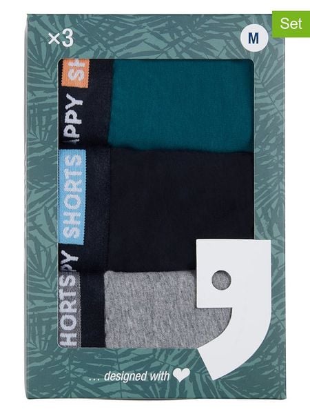 Happy Shorts Bokserki (3 pary) w kolorze granatowo-zielono-szarym rozmiar: L. Niebieskie bokserki męskie Happy Shorts, bez wzorów. Za 90.95 zł.