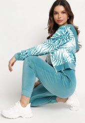 Miętowy Komplet Dresowy z Weluru Bluza z Kapturem z Ozdobnym Wzorem i Spodnie Grouvia. Zielone bluzy z kapturem damskie Born2be, m, z dresówki. Za 64.99 zł.