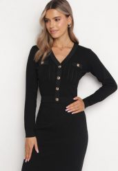Czarny Kardigan z Metaliczną Nitką i Trójkątnym Dekoltem Margu. Czarne kardigany damskie Born2be, bez wzorów, z dzianiny. Za 119.99 zł.