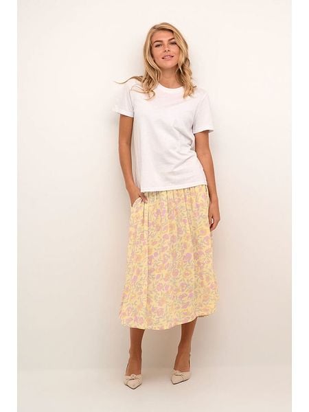 KAFFE curve Spódnica "Isma" w kolorze żółto-jasnoróżowym rozmiar: 52. Żółte spódniczki damskie KAFFE curve, bez wzorów, z wiskozy, z podwyższonym stanem, midi. Za 79.21 zł.