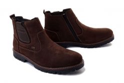RIEKER TEX F3660-25 brown, botki męskie. Brązowe buty zimowe męskie Rieker, na zimę, z wełny, bez zapięcia. Za 439.90 zł.