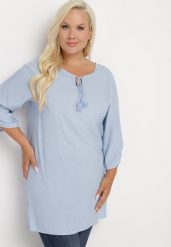 Jasnoniebieska Wiązana Tunika Ozdobiona Troczkami Eviras. Niebieskie tuniki damskie Born2be, na co dzień, xl, z aplikacjami, z jeansu, eleganckie, bez kołnierzyka, bez ramiączek. Za 44.99 zł.