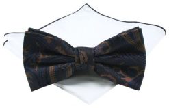 Męska Mucha (Poszetka w Zestawie) - Chattier - Granatowo-Brązowa. Niebieskie krawaty i muchy męskie Chattier, bez wzorów, eleganckie. Za 59.00 zł.