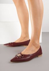 Bordowe Balerinki z Noskiem w Szpic i Elegancką Aplikacją Naliema. Czerwone baleriny damskie Born2be, z aplikacjami, bez obcasa, na płaskiej podeszwie. Za 99.99 zł.