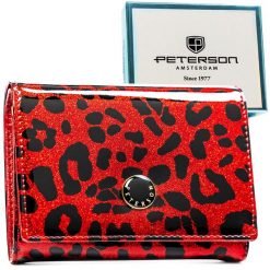 Czerwony portfel damski ze skóry ekologicznej i naturalnej w cętki - Peterson. Czerwone portfele damskie Peterson, bez wzorów, ze skóry ekologicznej. Za 114.99 zł.