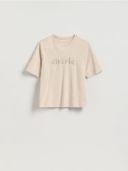 T-shirt regular z haftem - beżowy. Brązowe t-shirty damskie Reserved, l, bez wzorów, z bawełny, bez kołnierzyka. Za 45.99 zł.