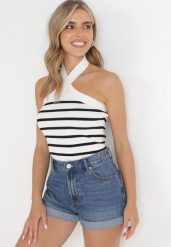 Biały Top w Paski z Dekoltem Halter na Szyję Bredgit. Białe topy damskie Born2be, s, bez wzorów, z dzianiny, bez kołnierzyka. Za 64.99 zł.