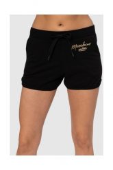 MOSCHINO Czarne szorty damskie ze złotym logo. Czarne szorty damskie MOSCHINO, z aplikacjami, z bawełny. W wyprzedaży za 299.99 zł.