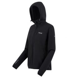 Kurtka damska softshell przeciwdeszczowy Ossek. Czarne kurtki damskie Regatta, bez wzorów, z materiału, z kapturem. Za 95.99 zł.