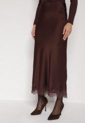 Brązowa Satynowa Spódnica z Koronkowym Zdobieniem Silfera. Brązowe spódniczki damskie Born2be, l, z aplikacjami, z koronki, klasyczne, maxi, dopasowane. Za 119.99 zł.