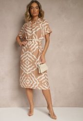 Beżowa Sukienka z Wiskozą Lnem i Geometrycznym Wzorem Sadelive. Brązowe sukienki damskie Renee, na co dzień, na lato, l, bez wzorów, z wiskozy, eleganckie, bez kołnierzyka, bez ramiączek, midi. W wyprzedaży za 62.99 zł.